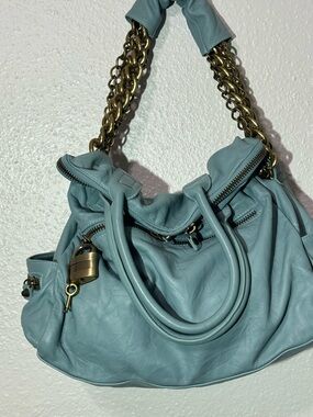 Light Blue Women's Shoulder Bag with Chain Handles